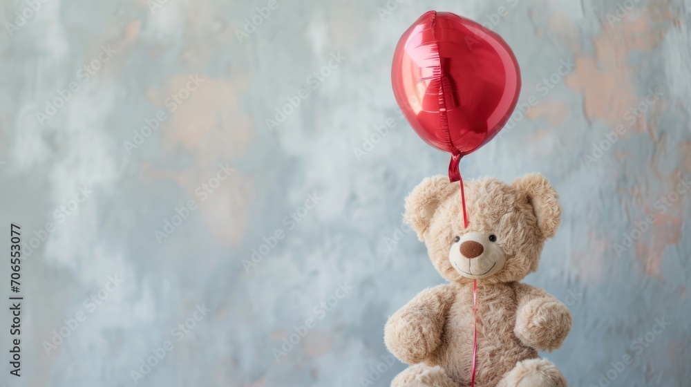 Aufkleber a bear holding a red balloon in the shape of a heart with a string attached to it's head.