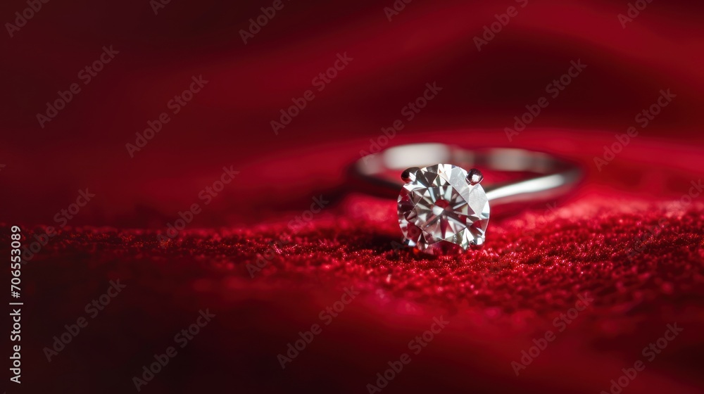 Poster a close up of a diamond ring on a red cloth with a red cloth in the background and a red cloth in th