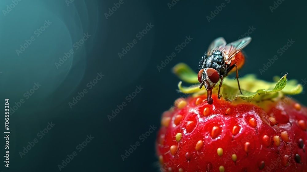 Poster a close up of a fruit with a fly on it's back end and a blurry background behind it.