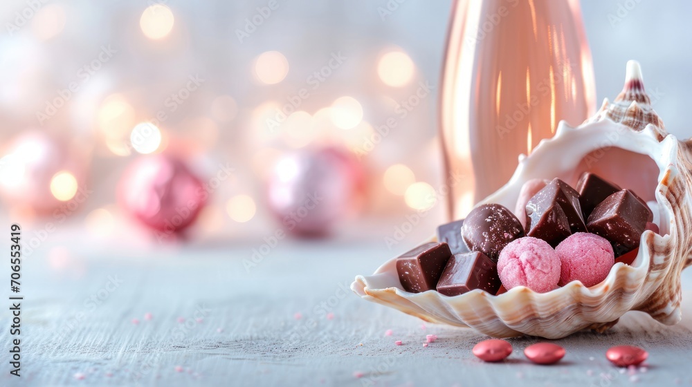 Aufkleber a shell filled with assorted chocolates next to a glass of wine and a bottle of wine on a table.