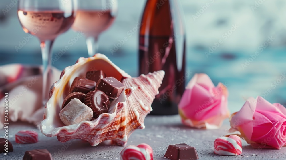 Poster a table topped with a bottle of wine next to a glass of wine and a shell filled with chocolates.