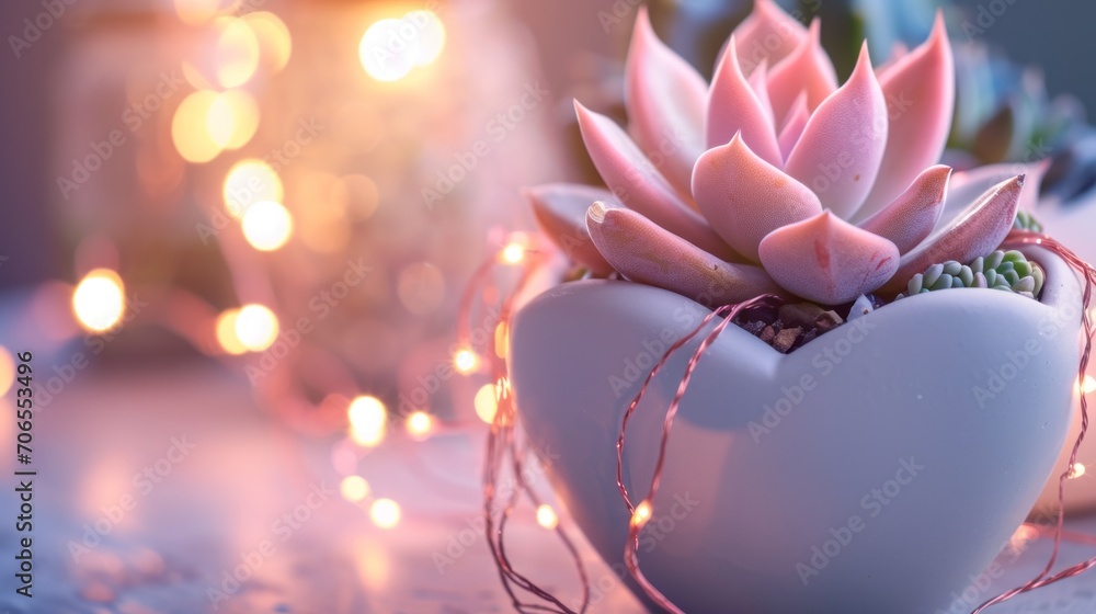 Poster a heart shaped planter with a pink succulent in it on a table with a string of lights in the backgro