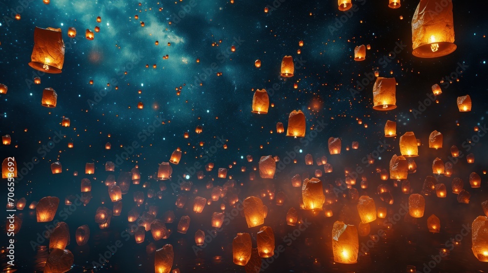 Poster a lot of lanterns floating in the air with a sky full of stars in the background and a lot of clouds