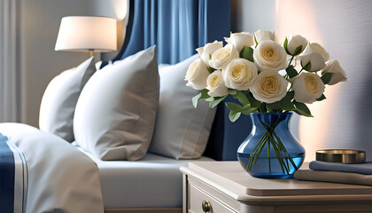 Close-up of a bouquet of delicate flowers in a vase on a nightstand near a bed with a headboard, pillows and a blanket. French country, interior design of a modern bedroom in Provence style,