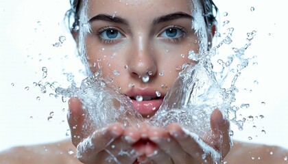 Woman with splashes of water in her hands on white background.