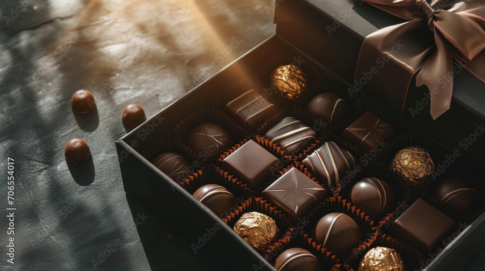 Poster a box of chocolates on a table with a brown bow on the top of one of the chocolates.