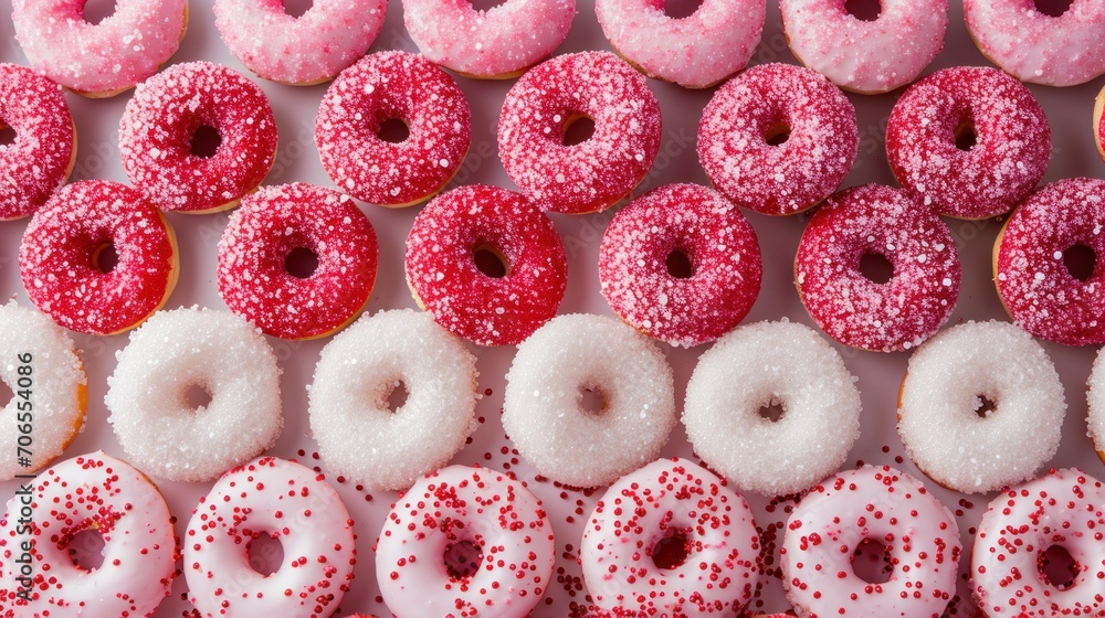 Poster a bunch of doughnuts with sprinkles are lined up in a row on a white surface.