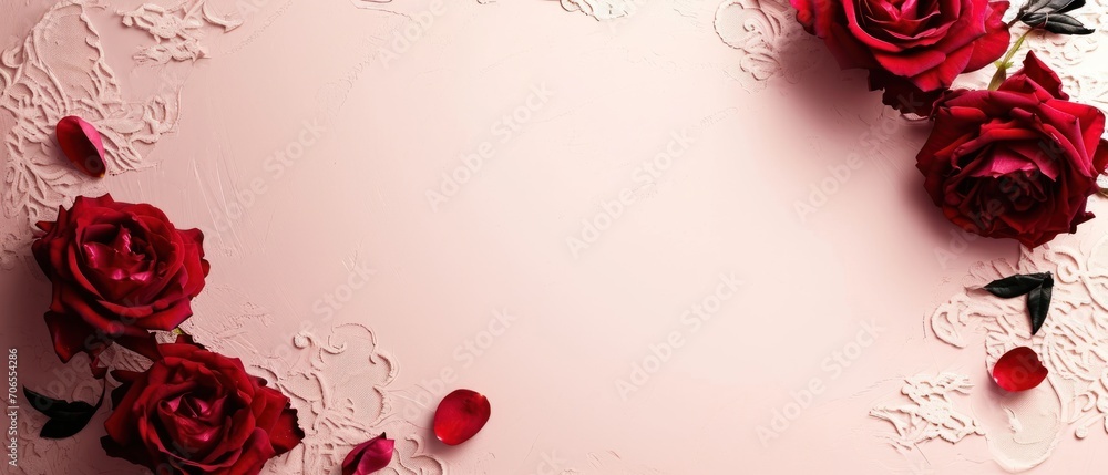 Poster a pink background with red roses and a pair of flip flops on the bottom of the image and a white lac