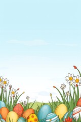 Easter line art banner with colorful eggs, grass and flowers, with empty copy space Generative AI
