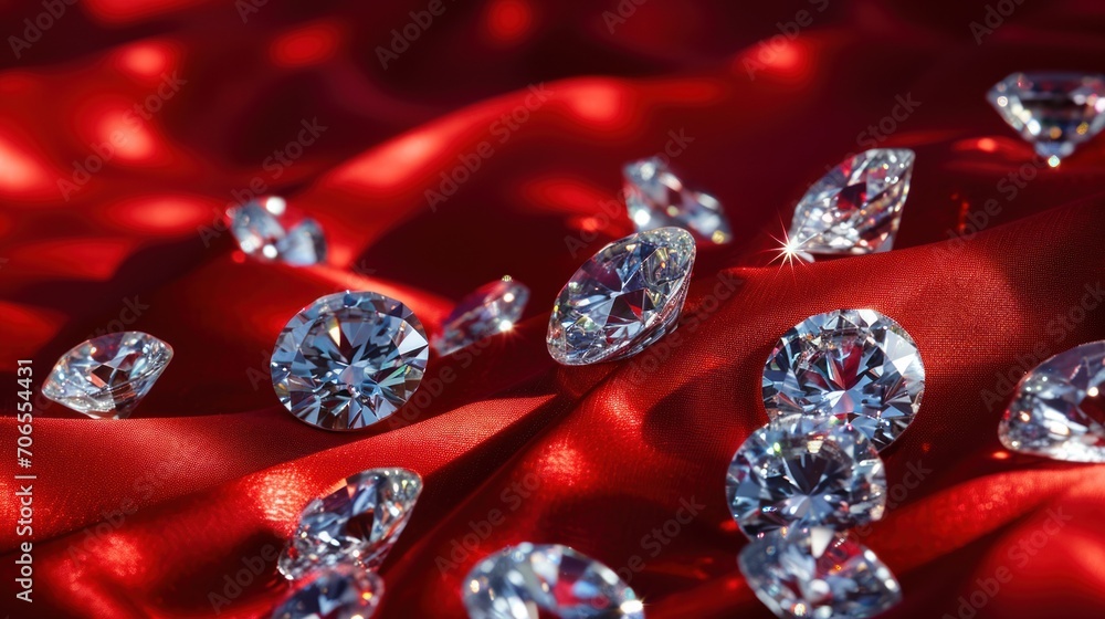Poster a close up of a bunch of diamonds on a red satin material with a red satin material in the backgroun