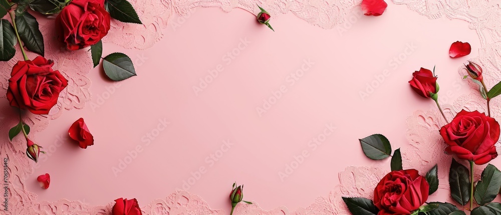 Poster a bunch of red roses on a pink background with a place for a text or a picture with a place for an i