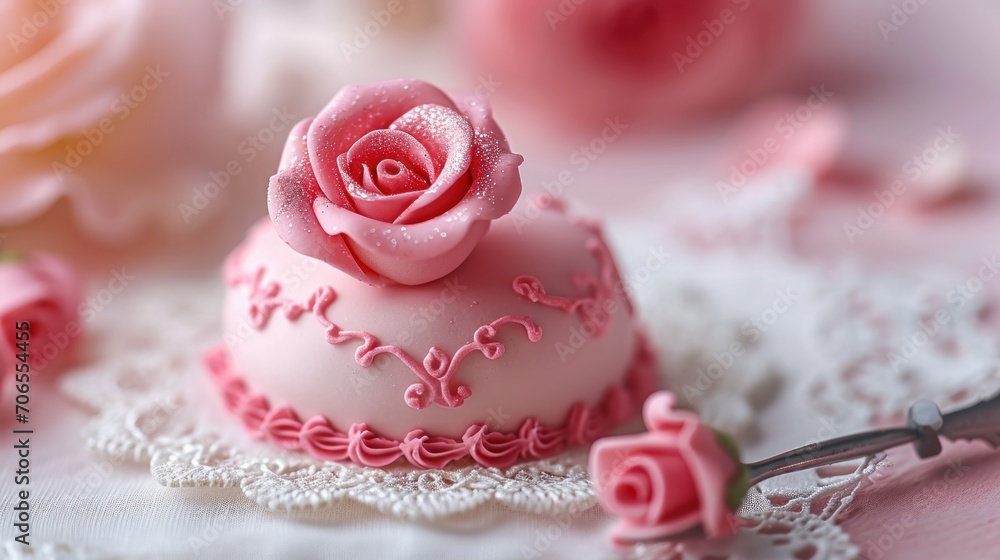 Poster a close up of a pink cake with a rose on it and a pair of scissors on the side of the cake.