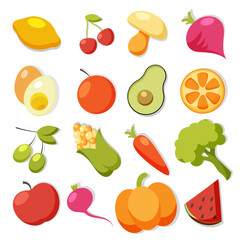 Buttons made of fruits and vegetables on white and colored backgrounds