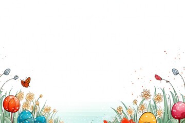Obraz na płótnie Canvas Easter line art banner with colorful eggs, grass and flowers, with empty copy space Generative AI