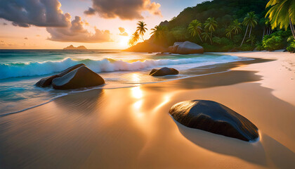 Sunrise over the beach in Mexico, beach holiday on the ocean, beautiful waves and palm trees,
