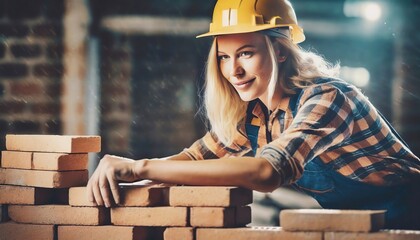Female Construction Worker Laying Bricks - obrazy, fototapety, plakaty