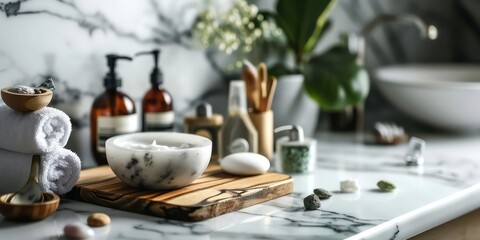 An array of beauty treatment items for spa. - obrazy, fototapety, plakaty