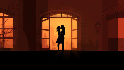beautiful silhouette of two lovers kissing 
