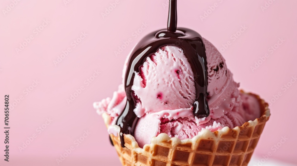 Poster a scoop of ice cream in a waffle cone with chocolate drizzle and a cherry drizzle on top.