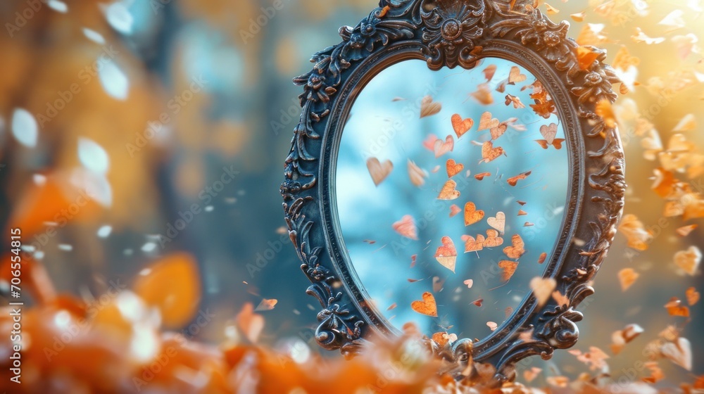 Poster a mirror with a heart shaped frame in the middle of it