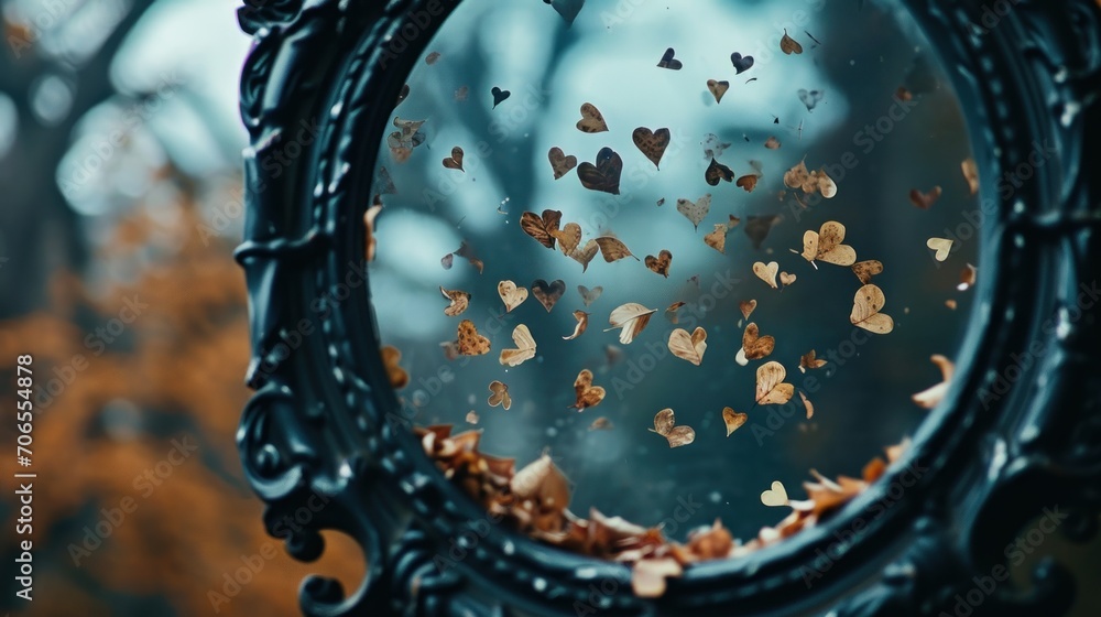 Poster a close up of a mirror with a bunch of butterflies coming out of the mirror and a tree in the backgr