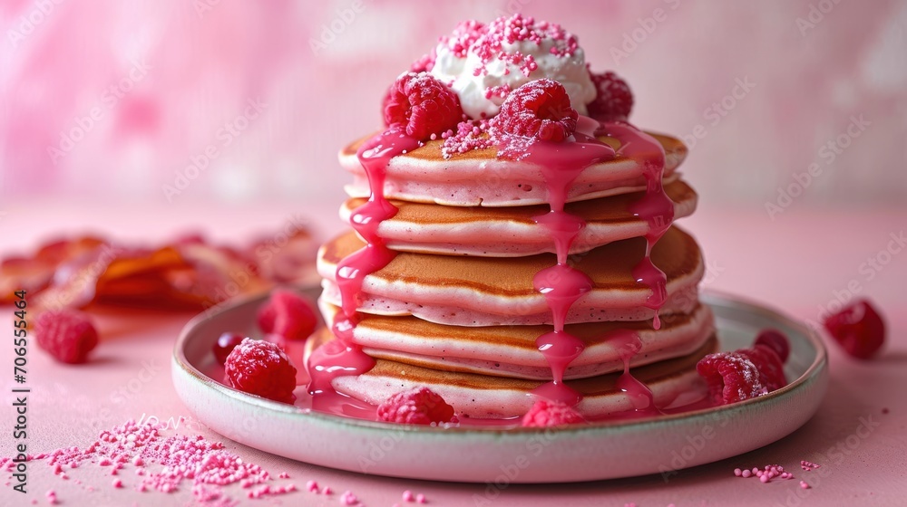 Poster a stack of pancakes sitting on top of a plate covered in pink icing and raspberry toppings.