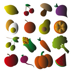 Buttons made of fruits and vegetables on white and colored backgrounds