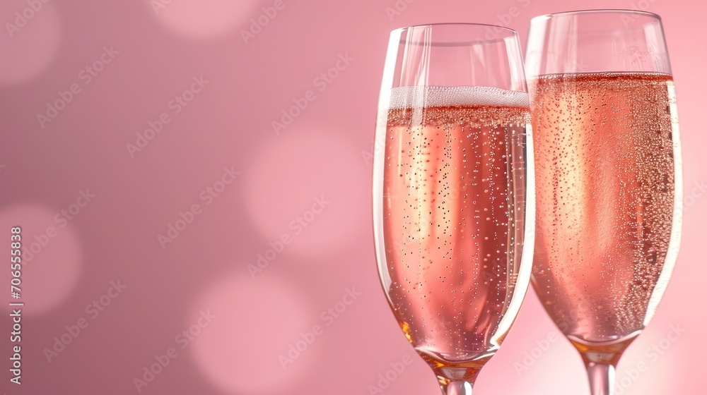 Poster two champagne flutes with bubbles in front of a pink background with a boke of light circles in the 