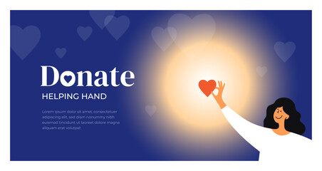 Donation, charity foundation concept template. Female holding heart lighting dark by love. Donate money, blood, give help, social care banner. Helping hand vector illustration. Design element, poster - obrazy, fototapety, plakaty