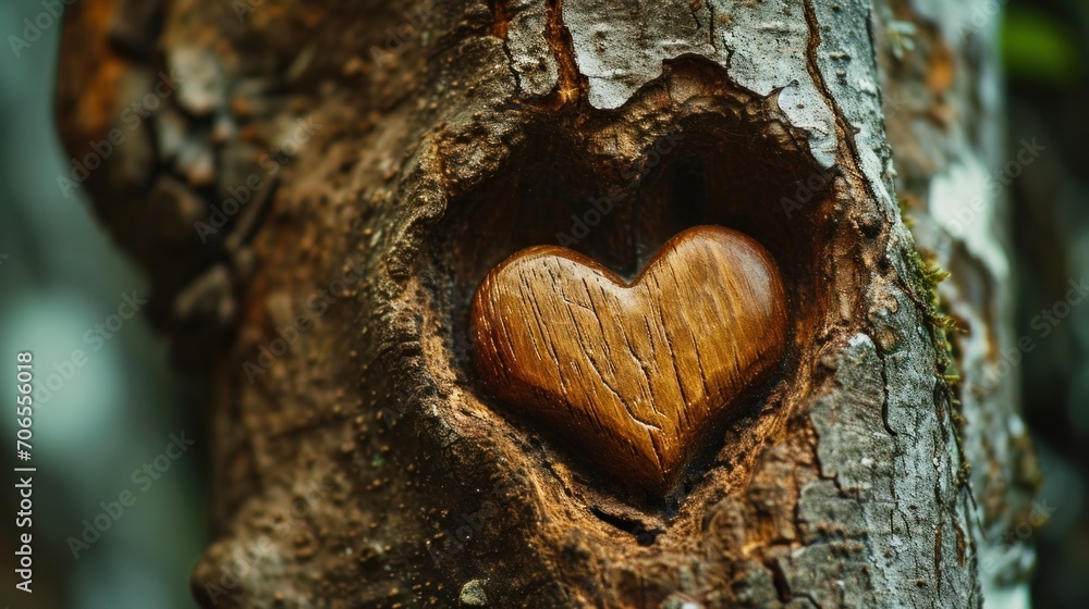 Poster a heart carved into a tree trunk with a hole in the middle of the heart that is carved into the bark
