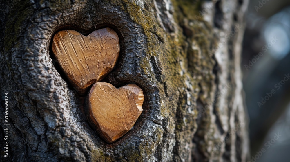 Poster two hearts carved into a tree trunk in the shape of a heart in the center of the trunk of a tree.