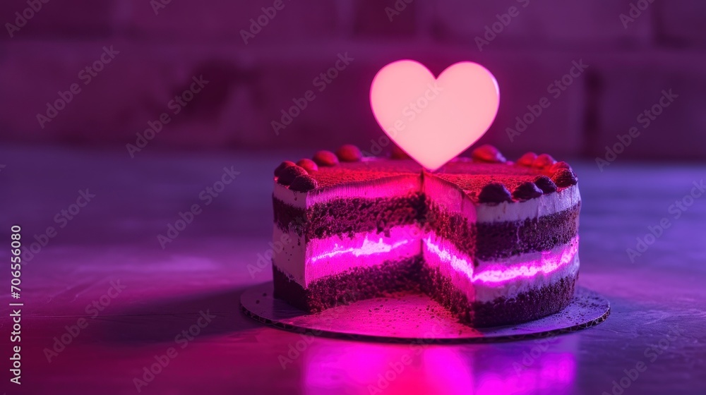 Poster a close up of a cake on a table with a heart shaped light in the middle of the top of the cake.