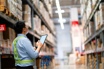 Warehouse worker in security uniform with tablet computer looking at merchandise in large warehouse...