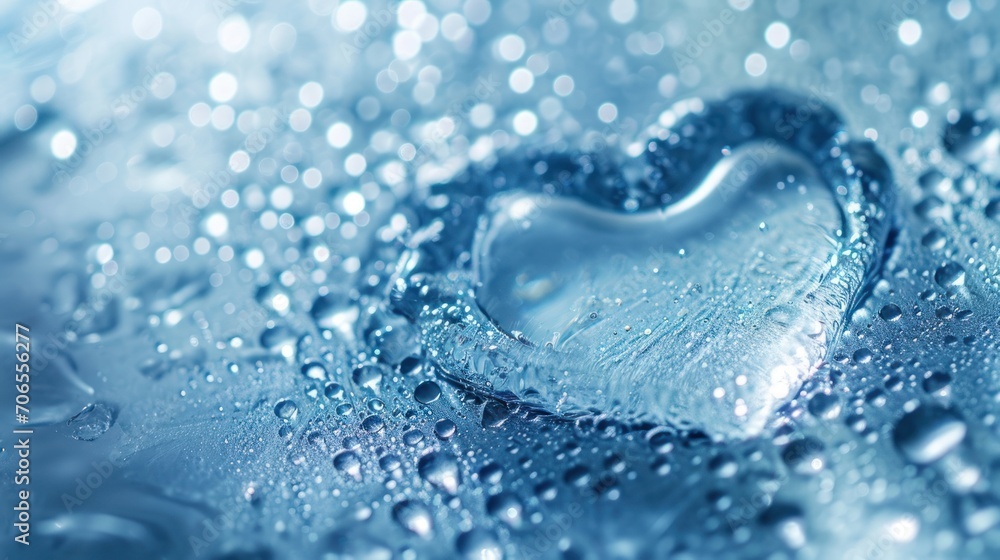 Poster a close up of a heart shaped object on a surface with drops of water on the surface of the image.