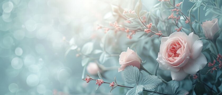  a vase filled with pink roses on top of a table, surrounded by lush green leaves and buds The background is slightly blurred, giving the photo a dreamy, ethereal f
