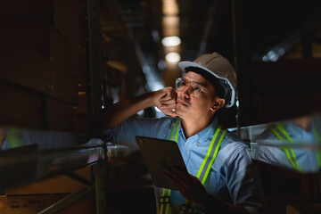 Stressed male manager or worker holding tablet and in warehouse A place to store ideas about workplace problems. Supply chain and warehousing concepts.