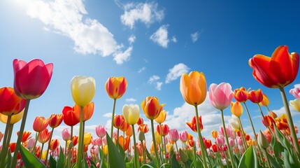 Spring Tulip Delight Under Blue Sky - AI Generated