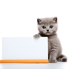 adorable Scottish fold kitten holding a sign with a paper. Silver cat holding a sign with space for copy