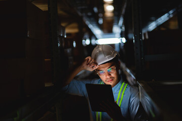 Worker holds a tablet in a warehouse Stressed and tired from problems at work Supply chain and...