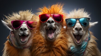3 lamas avec pleins de poils humoristiques qui rigolent avec des lunettes de soleil en studio photo