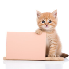 Cute orange kitten holding a sign with a brown background. cat holding a sign with space for copy