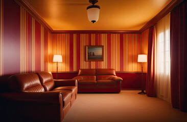 Apartment interior with leather sofas and dim lighting, 80s movie style.