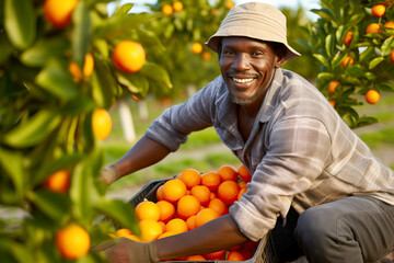 African migrant smiling at camera while working harvesting oranges