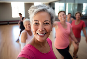 older woman taking a selfie pic during zumba dance class or fitness class with friends. Active lifestyle concept