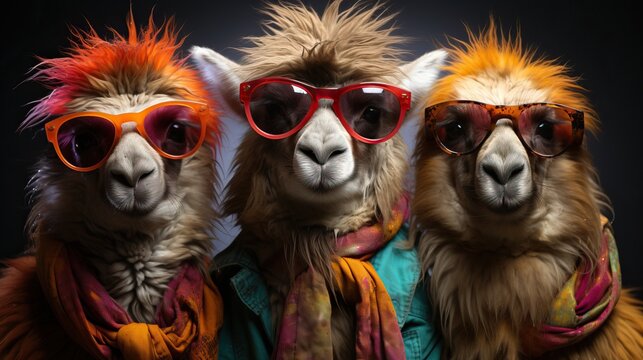 3 Lamas avec pleins de poils humoristiques avec des lunettes de soleil en studio photo