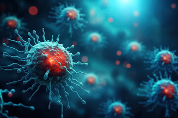 Naklejka na ściany i meble 3d illustration of cancer cells, virus, bacterias on blue background