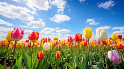 Spring Tulip Delight Under Blue Sky - AI Generated