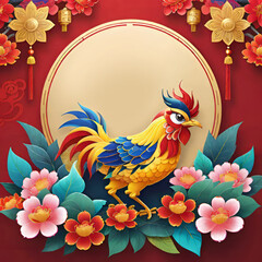 Fototapeta premium vector illustration, Chinese New Year greetings, traditional Chinese floral patterns and red lanterns, blank background for copy, 