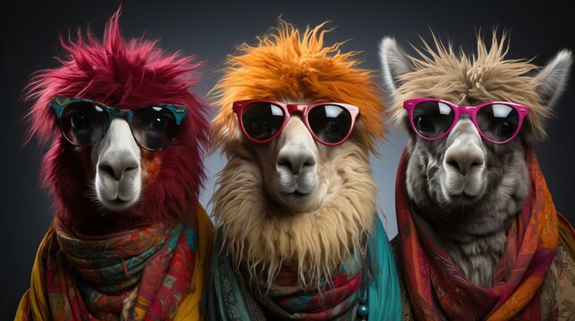 3 lamas avec pleins de poils humoristiques avec des lunettes de soleil en studio photo