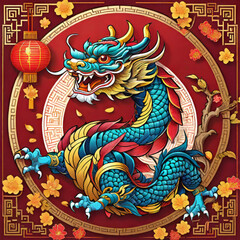 vector illustration, Chinese New Year greetings, traditional Chinese floral patterns and red lanterns, blank background for copy,	
